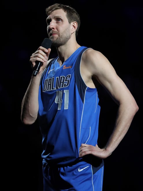April 9, 2019:  Dirk Nowitzki reacts after announcing that he played his last home game at American Airlines Center.