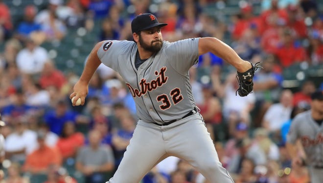 Tigers pitcher Michael Fulmer throws against the Rangers in the second inning on Monday, Aug. 14, 2017, in Arlington, Texas.