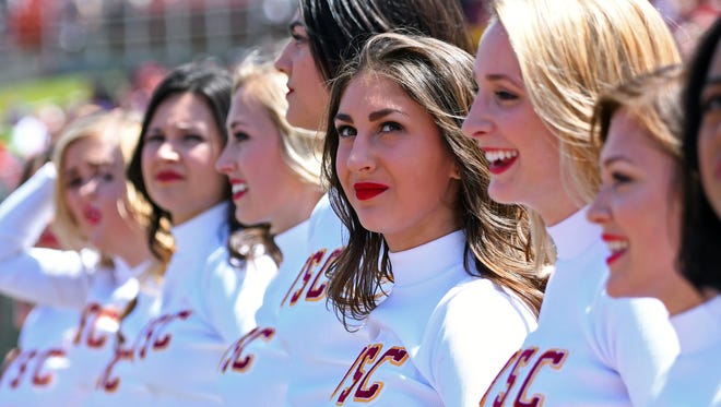 USC cheerleaders at the annual spring game at the Los Angeles Memorial Coliseum.