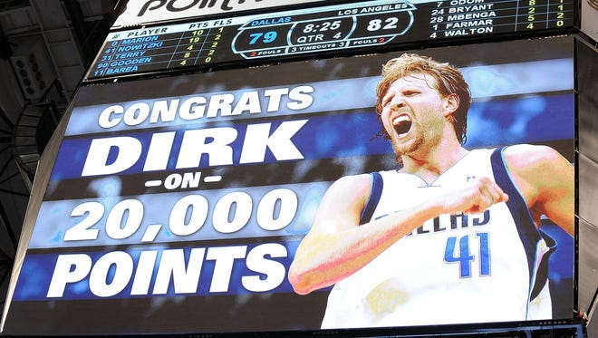 2010: Dirk Nowitzki is shown on the screen after scoring his 20,000th career point.