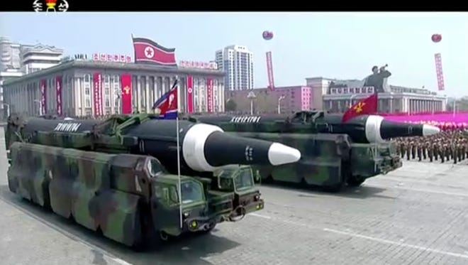 In this image made from video provided by North Korean broadcaster KRT, missiles are paraded at Kim Il Sung Square in Pyongyang on April 15, 2017.