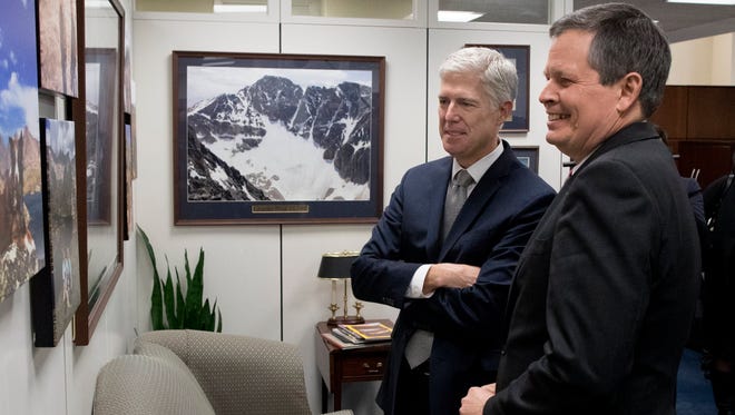 Gorsuch meets with Sen. Steve Daines, R-Mont., in the senator's office on Capitol Hill on Feb. 9, 2017.