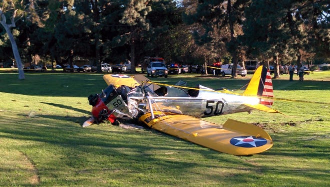 The crashed plane on Penmar Golf Course in Santa Monica. Reports say Harrison Ford was at the controls.