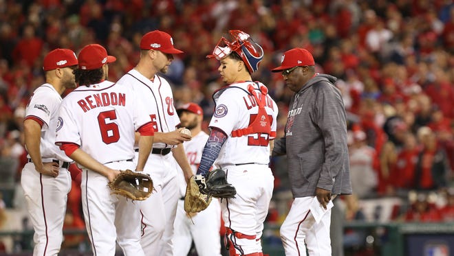 NLDS, Game 5: The Nationals use a Division Series record six pitchers in the seventh inning.