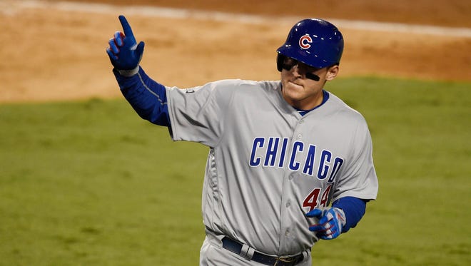 NLCS, Game 4: Cubs first baseman Anthony Rizzo celebrates a solo home run against the Dodgers in the fifth inning.