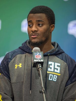 Mar 5, 2017; Indianapolis, IN, USA; Former Michigan defensive back Jourdan Lewis speaks to the media during the 2017 combine at Indiana Convention Center.