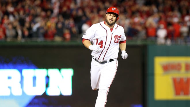 NLDS, Game 5: Nationals pinch hitter Chris Heisey hits a two-run home run in the bottom of the seventh inning to cut the Dodgers lead to 4-3.