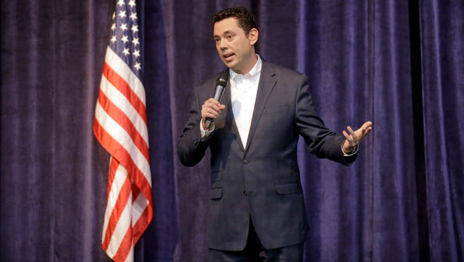 Rep. Jason Chaffetz, R-Utah, speaks during a town hall meeting at Brighton High School in Cottonwood Heights, Utah, on Feb. 9, 2017. Some attendees of the contentious town hall have sent the congressman fake invoices after he claimed some people there were paid protesters.