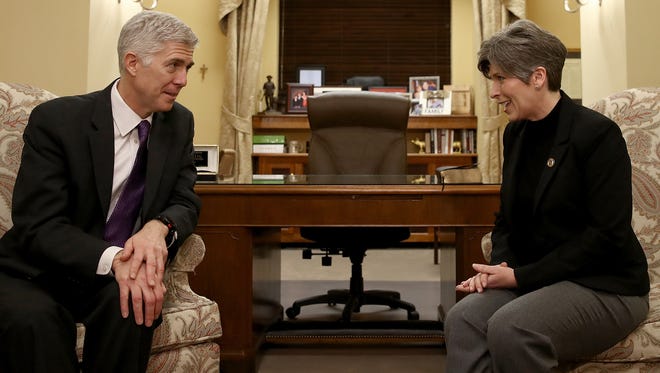 Gorsuch meets with Sen. Joni Ernst, R-Iowa, in Ernst's office on Capitol Hill on Feb. 13, 2017.