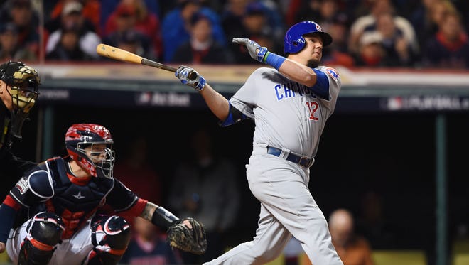 World Series, Game 1: Kyle Schwarber, who missed almost the entire season with a knee injury, is added to the Cubs roster and rips a double in his second at-bat in the fourth inning.