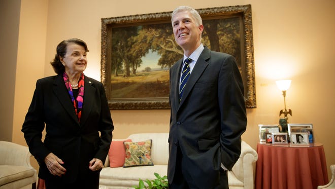 Gorsuch meets with Sen. Dianne Feinstein, D-Calif., ranking member of the Senate Judiciary Committee, in her office on Capitol Hill on Feb. 6, 2017.