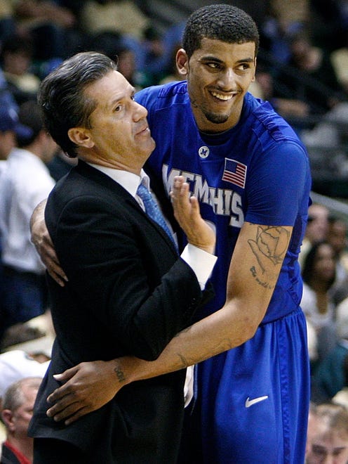 February 26, 2009 - Memphis coach John Calipari celebrates with Shawn Taggart, right, after a 71-60 victory over UAB in Birmingham, Al.