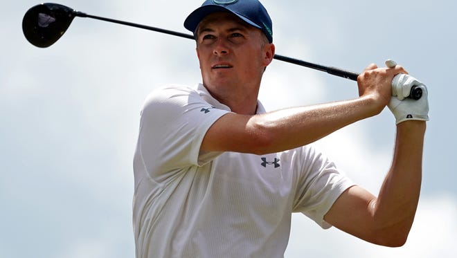 Jordan Spieth tees off on the ninth hole during the third round.