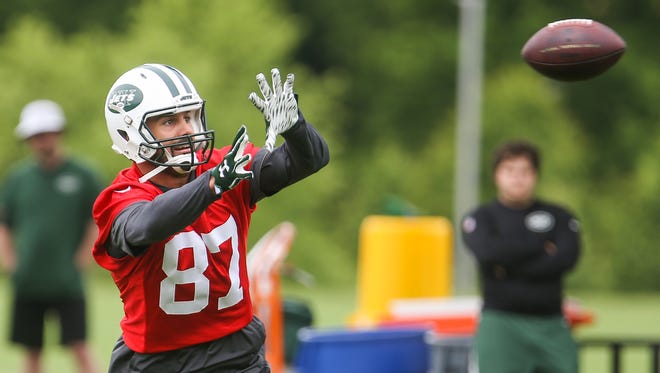 New York Jets wide receiver Eric Decker (87) catches a pass during organized team activities at the Atlantic Health Jets Training Center.