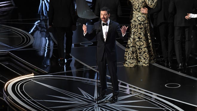 A stunned Jimmy Kimmel addresses the audience at the end of the 89th Academy Awards.