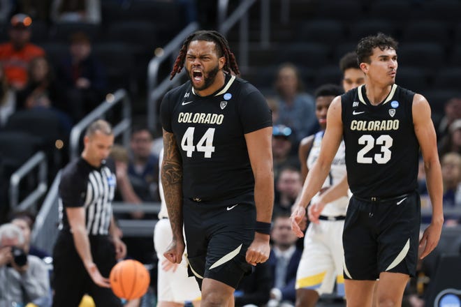 Mar 24, 2024; Indianapolis, IN, USA; Colorado Buffaloes center Eddie Lampkin Jr. (44) reacts during the first half against the Marquette Golden Eagles at Gainbridge FieldHouse. Mandatory Credit: Trevor Ruszkowski-USA TODAY Sports