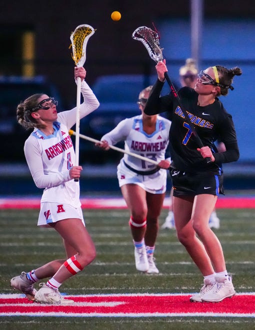 Arrowhead's Kendall Danielson (4) faces off with Mukwonago's Delaney Searing (7) during the match at Arrowhead on Thursday, April 4, 2024.