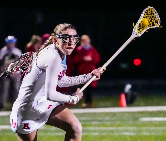 Arrowhead's Kendall Danielson (4) races in for a goal during the match at home against Mukwonago on Thursday, April 4, 2024.