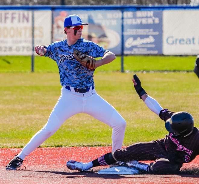 Brookfield Central's Brady Mohns (24) gets the out at second but can't turn the double play during the game at home against Sussex Hamilton on Saturday, April 6, 2024.