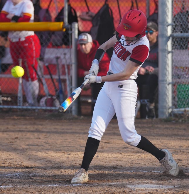 Sussex Hamilton's Aubrie Peterson (3) connects for a double during the game at home against Divine Savior Holy Angels on Tuesday, April 9, 2024.