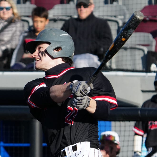 Pewaukee's Jackson Servais (27) connects for a pop fly during the game against Oconomowoc at Dockhounds Stadium in Oconomowoc, Wednesday, April 24, 2024.