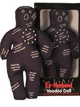 At divorce parties, hosts can hand out goody bags filled with ex-husband voodoo dolls, available for $7.99 each at www.shockingfun.com.