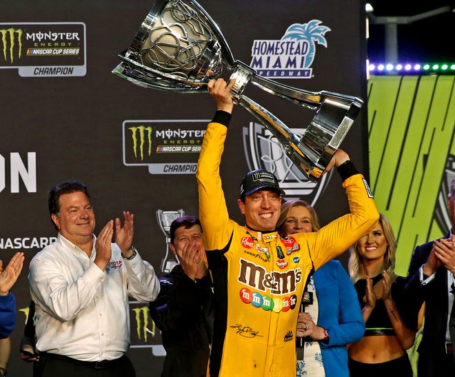 Kyle Busch, celebrating his second championship in 2019, also won the title in 2015. Busch hails from Las Vegas.